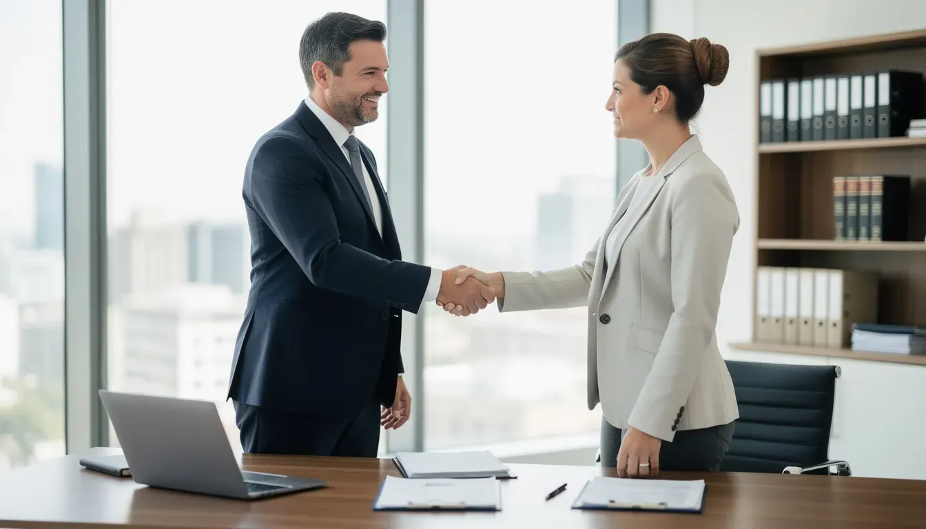 In a bright office setting, an estate planning attorney engages in a professional handshake with a client, symbolizing trust and collaboration in the estate planning process. The atmosphere reflects a welcoming law firm where future clients can feel confident in their legal decisions.