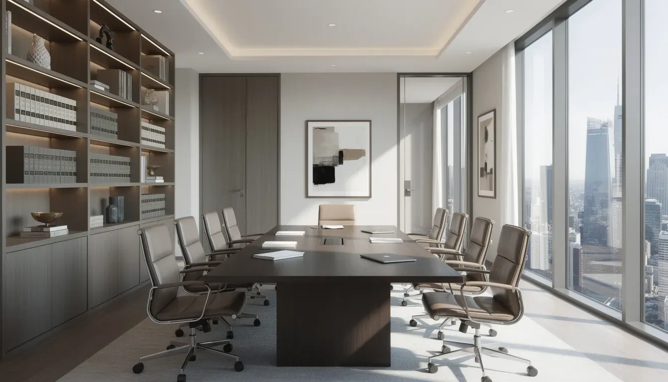 The image depicts a modern law office featuring large windows that allow natural light to flood the professional meeting space, designed for estate planning attorneys to meet with clients. This inviting environment reflects the firm's commitment to providing excellent service in estate planning and other legal areas.