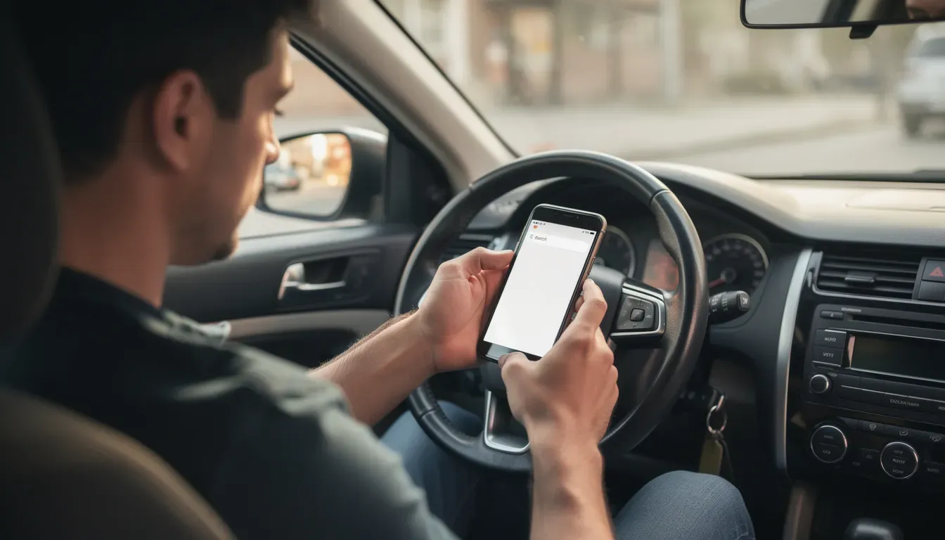 A person is sitting in a car, focused on their smartphone, likely searching for information related to personal injury law or seeking a personal injury lawyer. The scene reflects the modern use of technology to find legal services, emphasizing the importance of effective SEO strategies for law firms in connecting with potential clients.