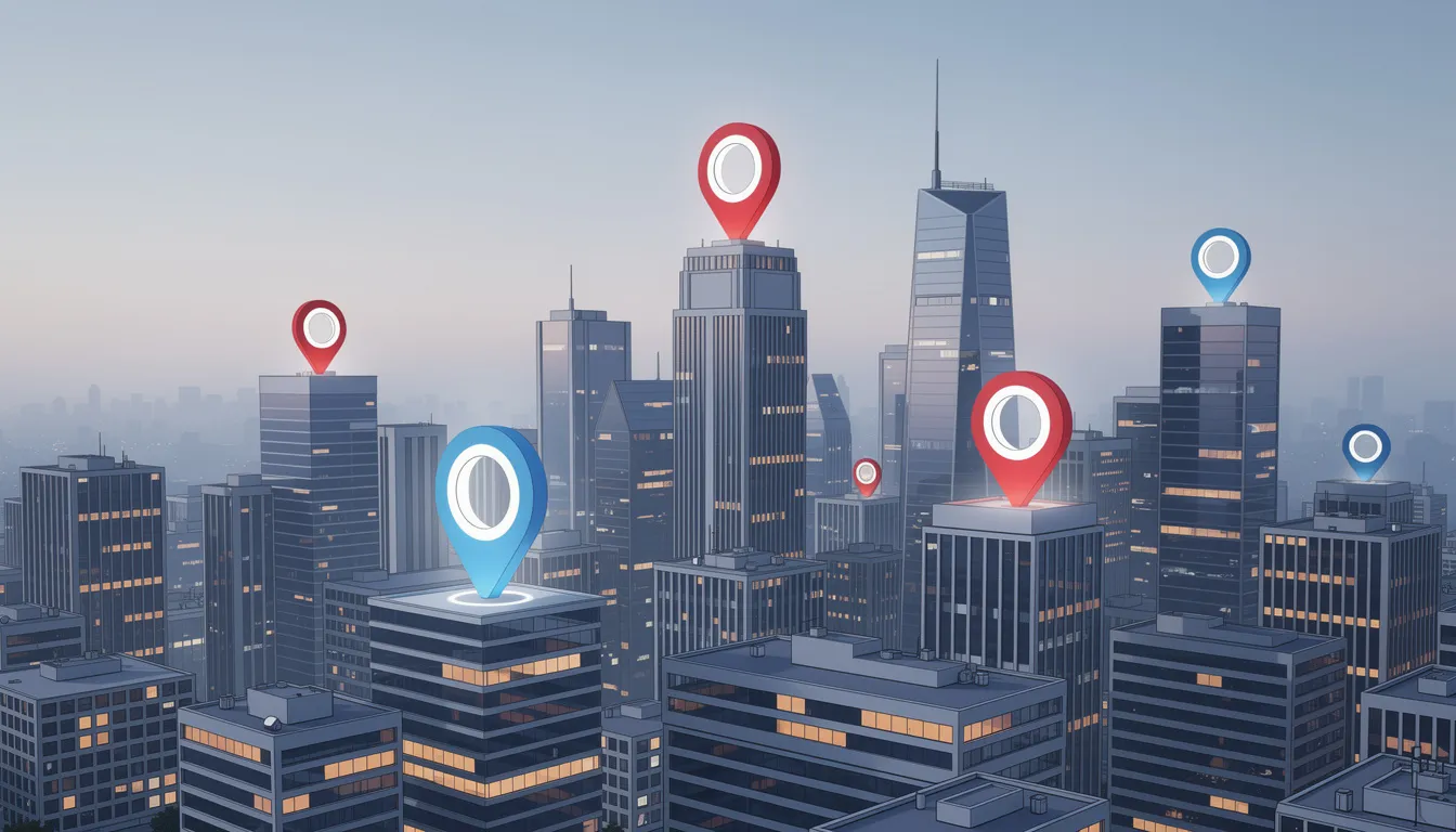 The image depicts a vibrant city skyline with various location pin markers overlaid on prominent buildings, symbolizing the presence of personal injury law firms. This visual representation highlights the importance of local SEO strategies for personal injury lawyers in attracting potential clients through effective search engine optimization.
