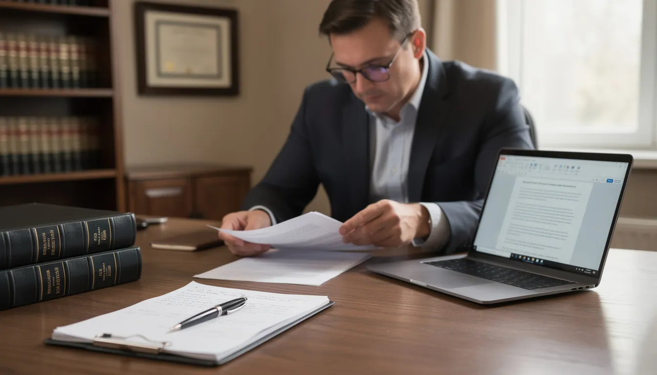 A legal professional is seated at a desk, intently reviewing documents while working on a laptop. This scene reflects the diligent efforts of a personal injury lawyer in managing cases and preparing for client consultations at a personal injury law firm.