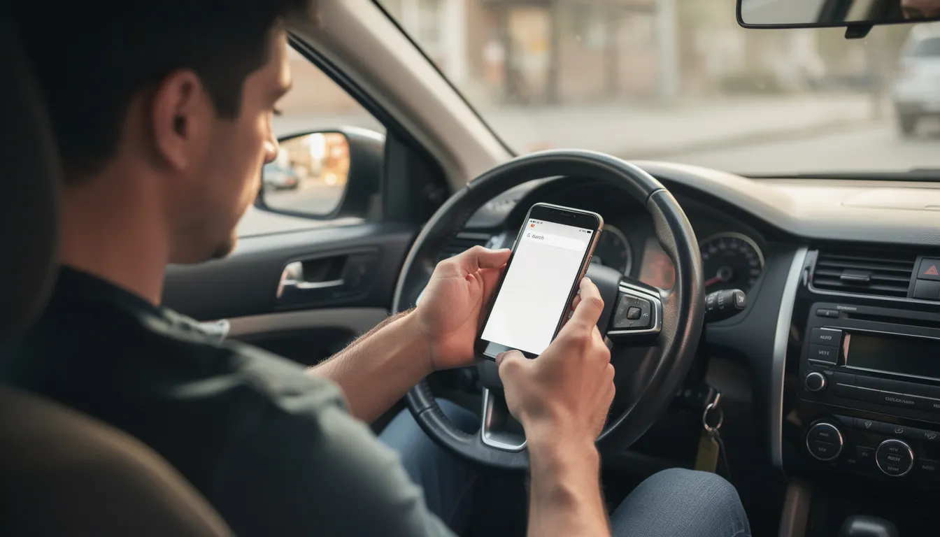 A person is sitting in a car, focused on their smartphone, likely searching for information related to personal injury law or seeking a personal injury lawyer. The scene reflects the modern use of technology to find legal services, emphasizing the importance of effective SEO strategies for law firms in connecting with potential clients.